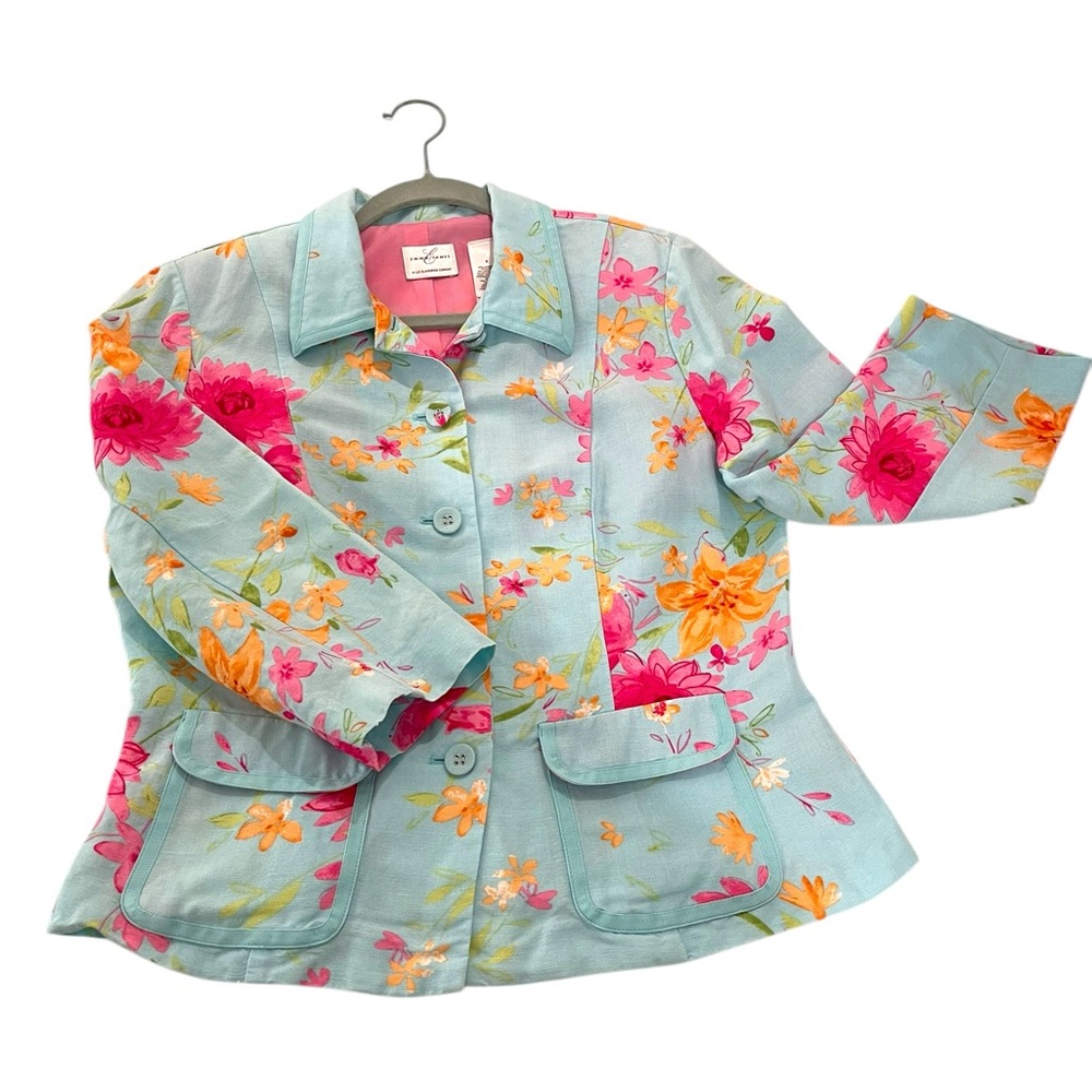 Emma James Linen Blend Floral Cropped Fitted Blazer Aqua Pink Women’s Size 8